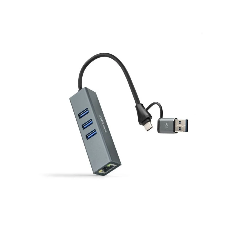 Nanocable Network Adapter USB-C + USB-A/M 3,0 to Gigabit Ethernet 10/100/1000 Mbps + 3xUSB-A 3,0 Hub - 15 cm - Color Gray