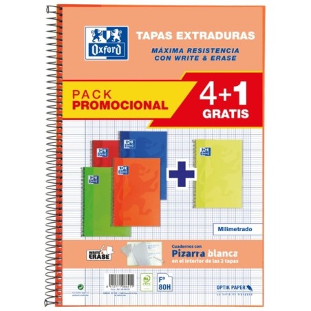 Oxford School Classic Write&Erase Pack de 5 Cuadernos Espiral Tapa Extradura - Tamaño Folio - Milimetrado con Margen - 80 Hojas