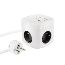 Nanocable Base de 3 Enchufes Schuko + 2x USB-A y 1x USB-C con Interruptor - Tecnologia GaN, PPS y PD 20W - Cable de 1.40m
