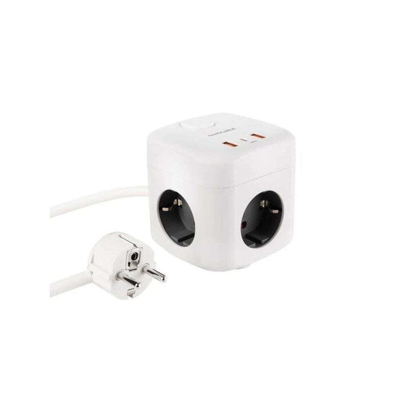 Base Nanocable avec 3 Prises Schuko + 2x USB-A et 1x USB-C avec Switch - Technologie GaN, PPS et PD 20W - Câble 1,40m - Couleur