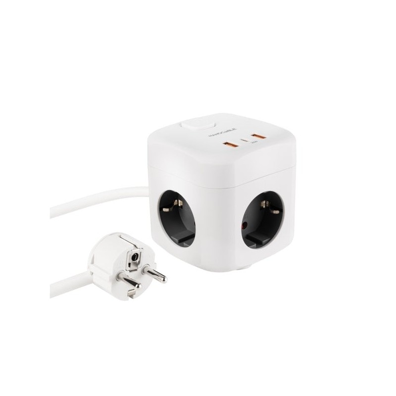 Nanocable Base with 3 Schuko Plugs + 2x USB-A and 1x USB-C with Switch - GaN, PPS and PD 20W Technology - 1,40m Cable - White