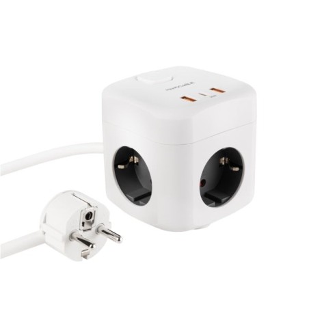 Base Nanocabo com 3 Plugues Schuko + 2x USB-A e 1x USB-C com Switch - Tecnologia GaN, PPS e PD 20W - Cabo 1,40m - Cor Branca