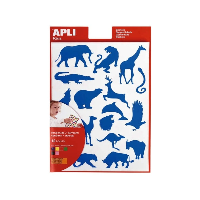 Apli Gomets Animais Silvestres - 204 Unidades por Sacola - Formatos de Elefante, Tigre, Girafa e Mais - Adesivo à Base de Água