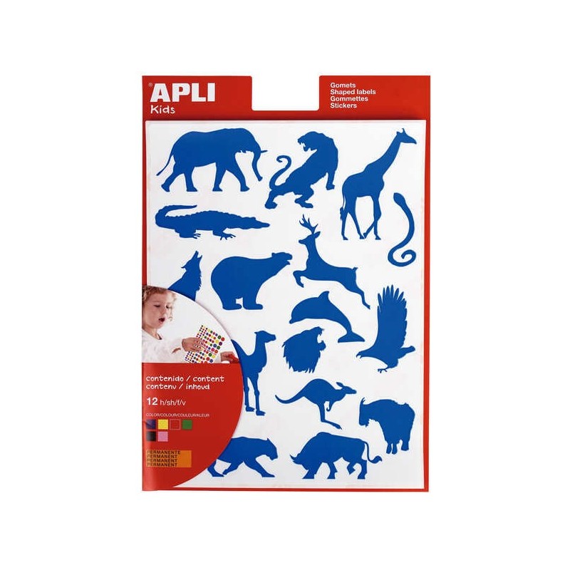 Apli Gomets Animales Salvajes - 204 Unidades por Bolsa - Formas de Elefante, Tigre, Jirafa y Mas - Adhesivo Base Agua y
