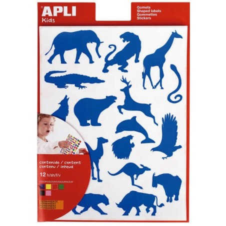Apli Gomets Animales Salvajes - 204 Unidades por Bolsa - Formas de Elefante, Tigre, Jirafa y Mas - Adhesivo Base Agua y