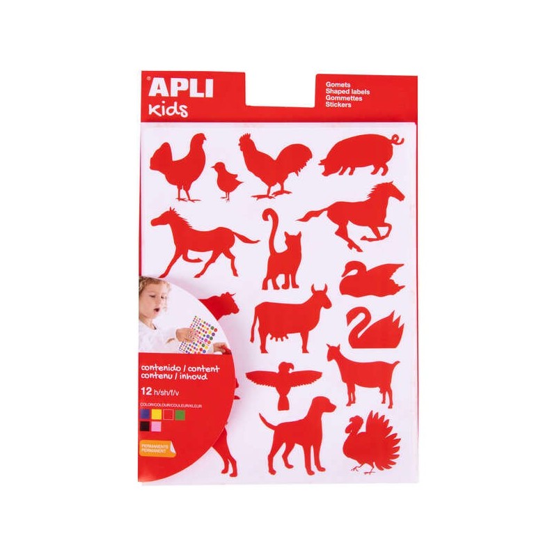 Apli Bolsa de Gomets de Adhesivo Permanente con Formas de Animales de Granja - 204 Gomets por Bolsa - Desarrolla la