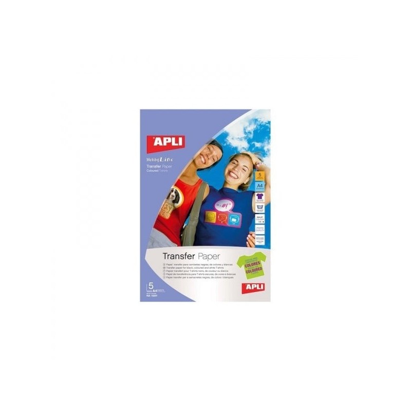 Pacote Apli de 5 folhas de papel de transferência para impressoras jato de tinta - Ideal para roupas coloridas - Perfeito para