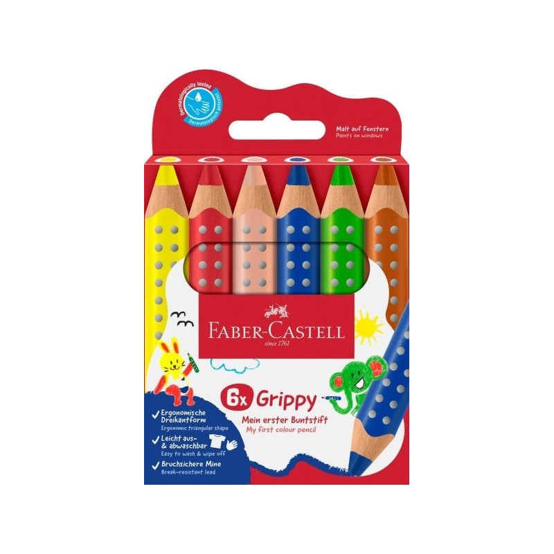 Faber-Castell Grippy Pack con 6 Lapices de Colores Gruesos Mina XXL Suave - Forma Triangular con Grip - Colores Surtidos