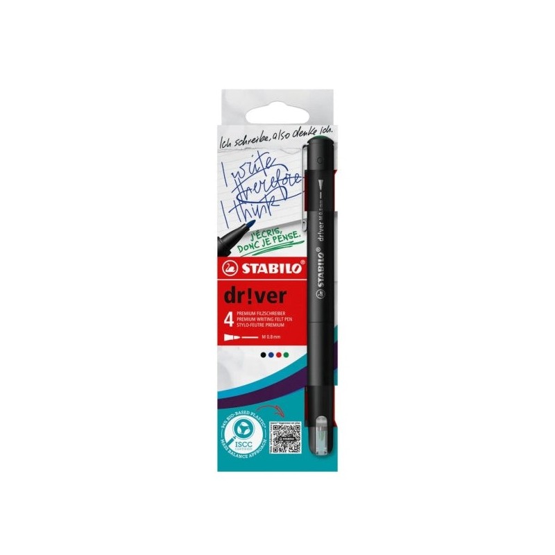 Stabilo Dr!ver Pack de 4 Rotuladores de Punta Media 0.8mm - Tinta a Prueba de Manchas, Inodora y con Base al Agua - Fabricado