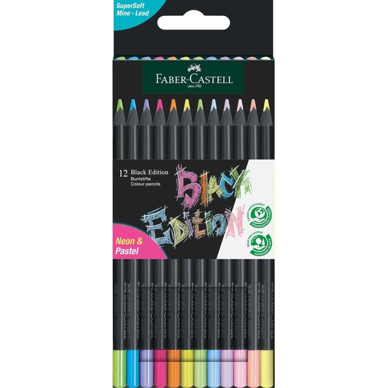 Faber-Castell Black Edition Pack de 12 Lapices de Colores Neon+Pastel - Mina Supersuave - Madera Negra - Ideales para Dibujo
