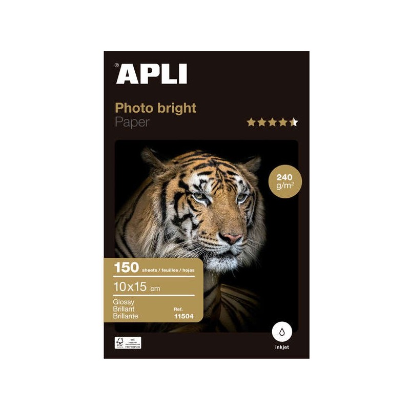 Apli Pack de 150 Hojas de Papel Fotografico Photobright 10x15cm 240g - Acabado Brillante - Apto para Uso en Impresoras Inkjet