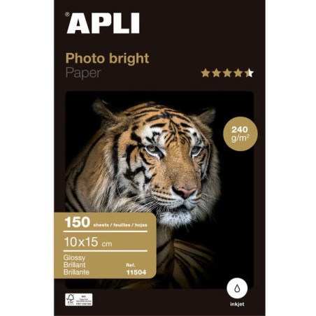 Apli Pack of 150 Sheets of Photobright Photographic Paper 10x15cm 240g - Glossy Finish - Suitable for Use in Inkjet Printers