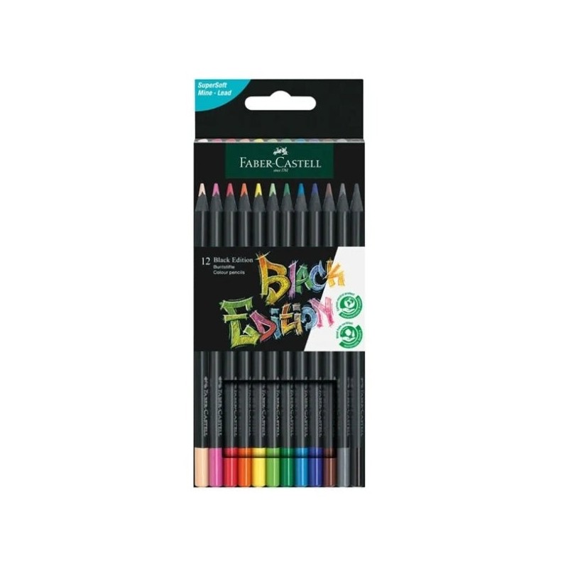 Faber-Castell Black Edition Pack de 12 Lapices de Colores - Mina Supersuave - Madera Negra - Ideales para Dibujo sobre Papel