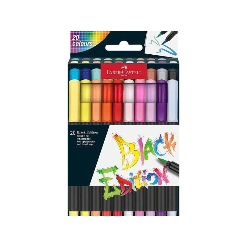 Faber-Castell Black Edition Pack de 20 Rotuladores Punta Pincel - Tinta a Base de Colorantes Alimentarios - Colores Surtidos