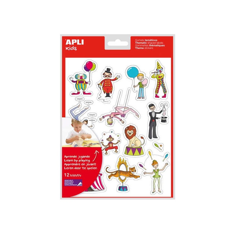 Apli Bag of Circus Themed Stickers - 168 Stickers in 12 Sheets - Removable Adhesive - Ideal for Schools - Water Based Adhesive