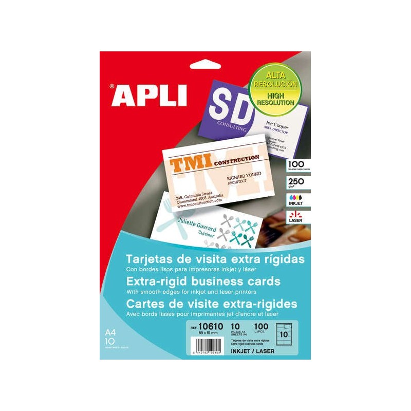 Apli Pack de 100 Tarjetas de Visita 250g - 10 Hojas por 10 Trajetas - Cantos Rectos - Color Blanco Mate