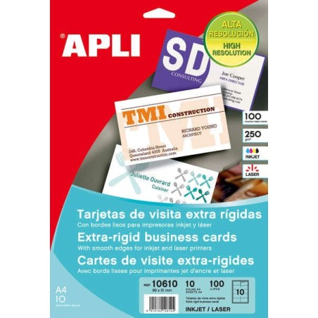 Apli Pacote de 100 Cartões de Visita 250g - 10 Folhas por 10 Cartões - Bordas Retas - Cor Branco Fosco