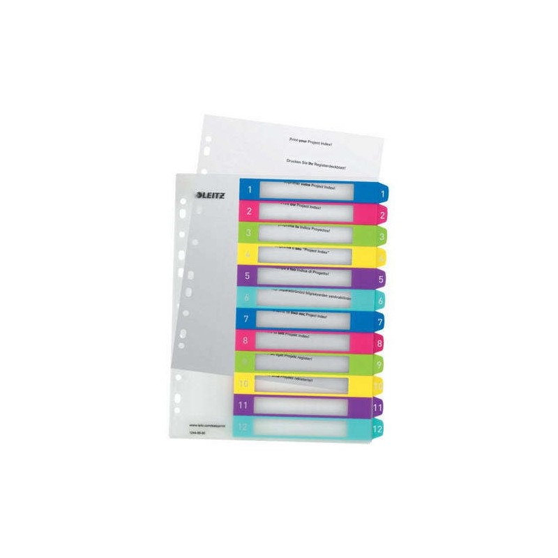 Leitz WOW Multicolor Printable Plastic Index 12 Tabs - Multi-hole - A4 Format - Translucent Color