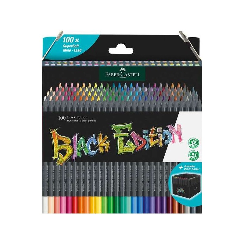 Faber-Castell Black Edition Pack of 100 Colored Pencils - Super Soft Lead - Black Wood - Ideal for Drawing on Light, Dark and