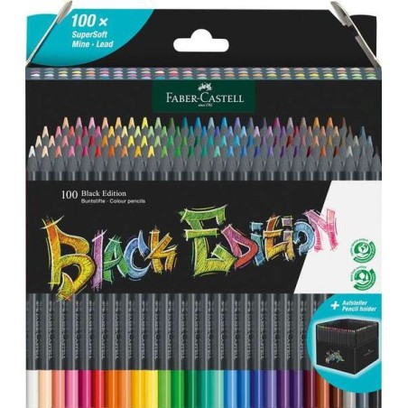Pacote de 100 lápis de cor Faber-Castell Black Edition - mina supermacia - madeira preta - ideal para desenhar em papel