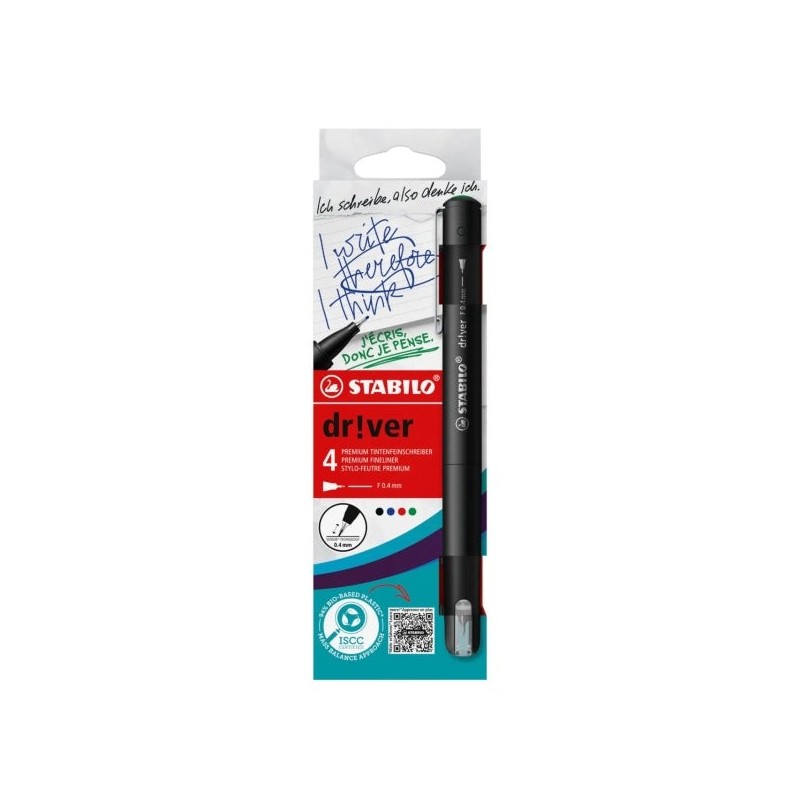 Stabilo Dr!ver Pack de 4 Rotuladores de Punta Fina 0.4mm - Tinta a Prueba de Manchas, Inodora y con Base al Agua - Fabricado