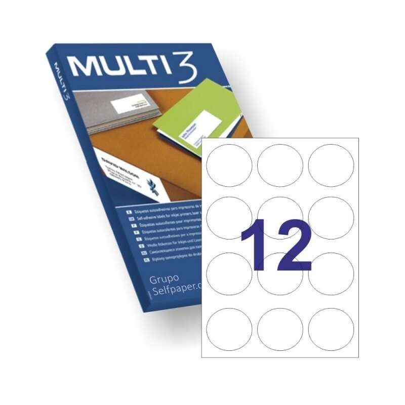 Pacote Multi3 de 1200 etiquetas redondas de 60 mm de diâmetro - 100 folhas x 12 etiquetas - Adequado para impressão a laser e