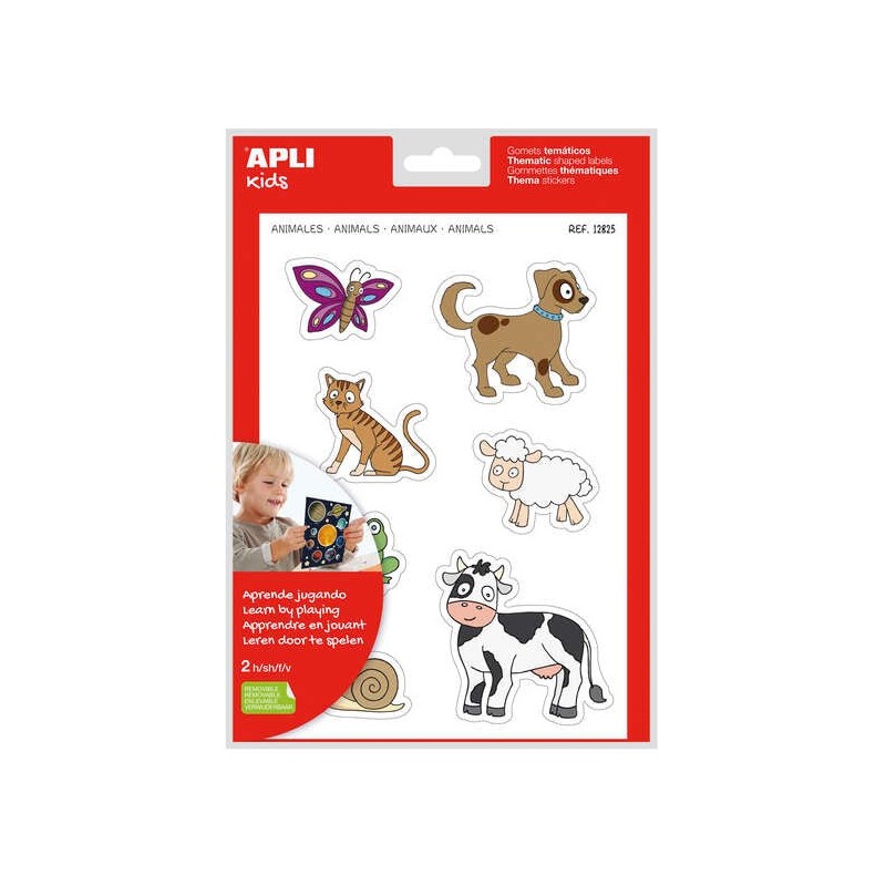 Apli Gomets Tematicos Animales xL - 28 Gomets en 2 Hojas A4 - Desarrollados con Educadores - Adhesivo Removible - Tamaño xL sin