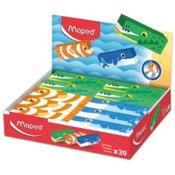 Présentoir Maped de 20 Gommes 3 Motifs Animaux - Forme Rectangulaire - Sans Phtalates - Couleurs Assorties