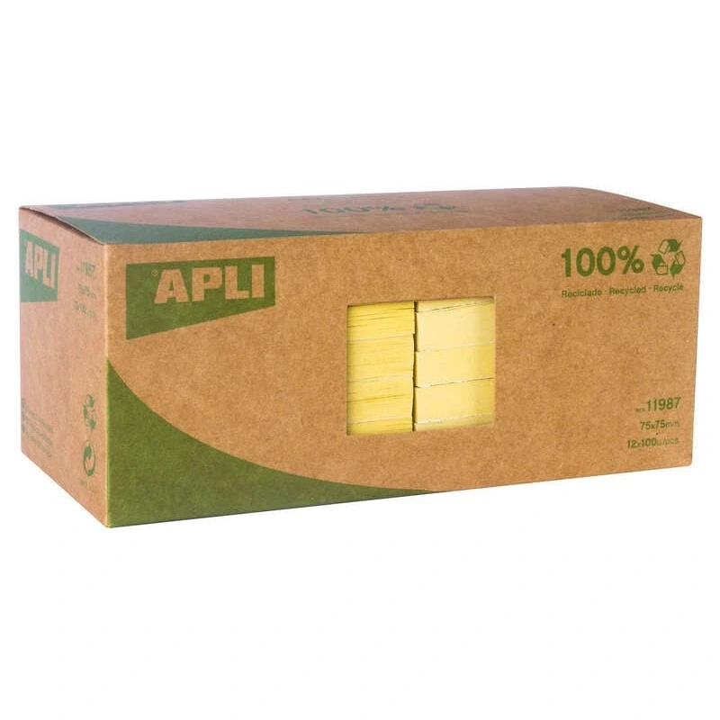 Apli Classic Reciclado Sticky Notes 75x75 - 12 blocos de 100 folhas - Adesivo de qualidade - Papel reciclado - Amarelo