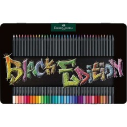 Caixa de metal Faber-Castell Black Edition com 36 lápis de cor - Mina supermacia - Madeira preta - Ideal para desenhar em