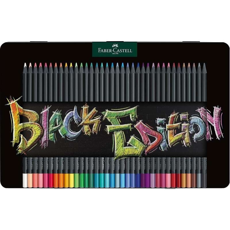 Faber-Castell Black Edition Caja Metalica de 36 Lapices de Colores - Mina Supersuave - Madera Negra - Ideales para Dibujo sobre