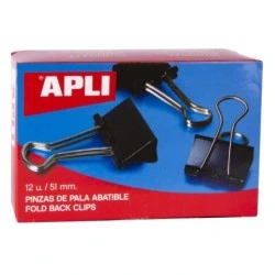 Pinces pliantes Apli 30x51 mm - Acier trempé noir - Poignées en nickel - 12 unités - Peut contenir jusqu'à 220 feuilles
