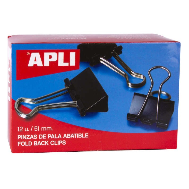 Pinces pliantes Apli 30x51 mm - Acier trempé noir - Poignées en nickel - 12 unités - Peut contenir jusqu'à 220 feuilles