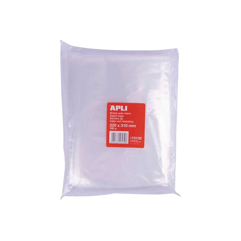 Apli Pack de 100 Bolsas Zip Auto Cierre Transparentes 220x310mm - Material LDPE - Cierre Seguro y Facil Manipulacion - Aptas
