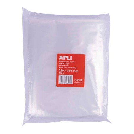 Apli Pack de 100 Bolsas Zip Auto Cierre Transparentes 220x310mm - Material LDPE - Cierre Seguro y Facil Manipulacion - Aptas