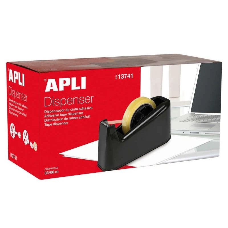 Porte-rouleau de ruban adhésif Apli Trade de 33 et 66 mètres - Lame dentelée - Base en caoutchouc antidérapant - Couleur Noir