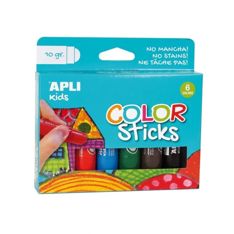 Apli Color Sticks Pack con 6 Temperas Solidas de 10g - Acabado Satinado sin Necesidad de Barniz - Secado Rapido en Menos de 3