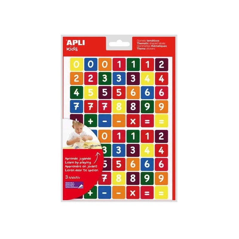 Apli Bolsa de Números Gomets Temáticos - 210 Gomets em 3 Folhas - Adesivo Removível - Aprendendo Números e Cálculo Mental