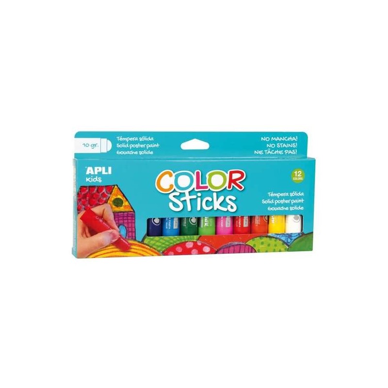 Apli Color Sticks Pack com 12 Têmperas Sólidas de 10g - Acabamento Acetinado sem Necessidade de Verniz - Secagem Rápida em