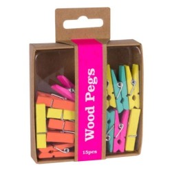 Apli Fluor Collection Pinzas de Madera - 15 Unidades de Colores Fluorescentes - Caja Kraft con Eurohole - Recambio para