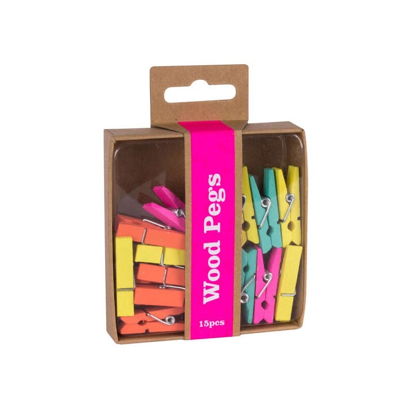 Apli Fluor Collection Pinzas de Madera - 15 Unidades de Colores Fluorescentes - Caja Kraft con Eurohole - Recambio para