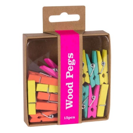 Pinces en bois Apli Fluor Collection - 15 unités de couleurs fluorescentes - Boîte Kraft avec Eurohole - Remplacement pour