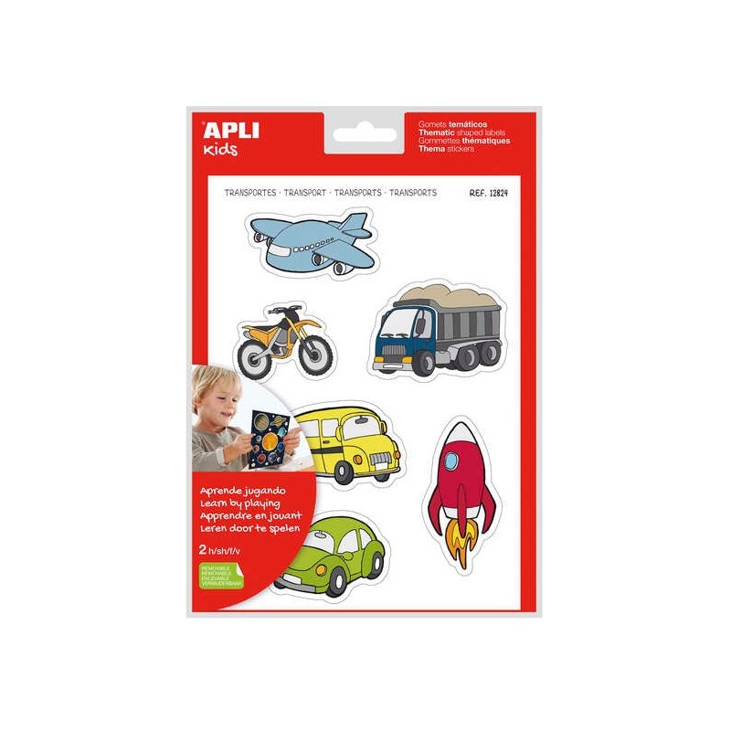 Apli Transport Thème Gomets xL - 24 Gomets en 2 feuilles A4 - Illustrations de moyens de transport - Adhésif amovible - Taille