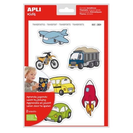 Apli Transport Theme Gomets xL - 24 Gomets in 2 A4 Sheets - Illustrations of Transport Means - Removable Adhesive - xL Size