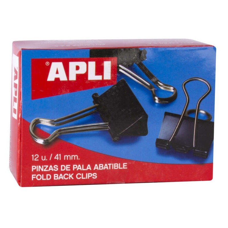 Apli Boite de 12 Pinces Pliantes 20x41mm - Peut contenir jusqu'à 170 Feuilles - Clips en Acier Trempé Noir - Poignées Nickel