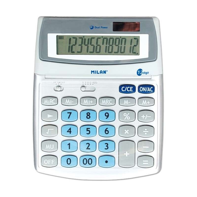 Milan Calculadora de 12 Dígitos Grande - Ecrã Inclinável - 3 Teclas de Memória - Cálculo de Margens - Memória Dupla - Cor Branco