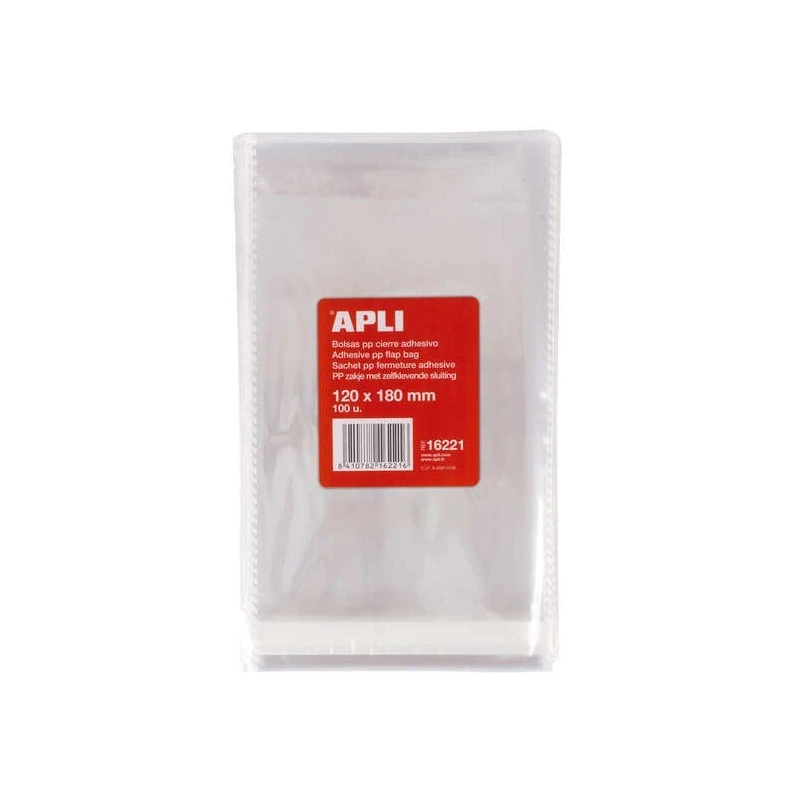 Apli Pack de 100 Bolsas Polipropileno Transparente con Cierre Adhesivo - Tamaño 120 x 180mm - Galga 120 - Alta Resistencia y