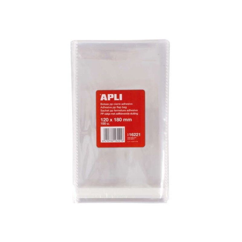 Apli Pack de 100 Bolsas Polipropileno Transparente con Cierre Adhesivo - Tamaño 120 x 180mm - Galga 120 - Alta Resistencia y