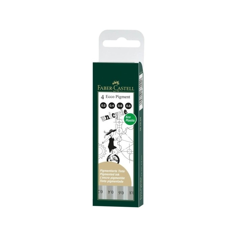 Faber-Castell Ecco Pigment Pack de 4 Rotuladores Calibrados 0.2, 0.4, 0.6, 0.8mm - Punta Engastada en Metal - Tinta Pigmentada