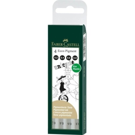 Faber-Castell Ecco Pigment Pack de 4 Rotuladores Calibrados 0.2, 0.4, 0.6, 0.8mm - Punta Engastada en Metal - Tinta Pigmentada